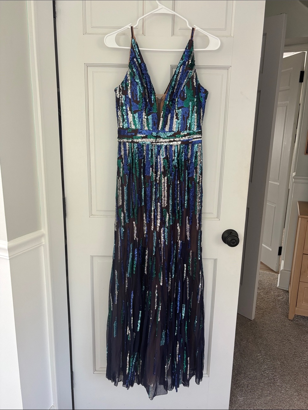 Dress the Population Blue and Green Sequin V-Neck Maxi Dress